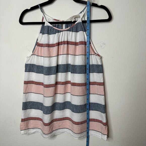 Loft Gray White Pink Stripe Linen Blend Halter Neck Sleeveless Blouse Keyhole SM - Picture 7 of 10